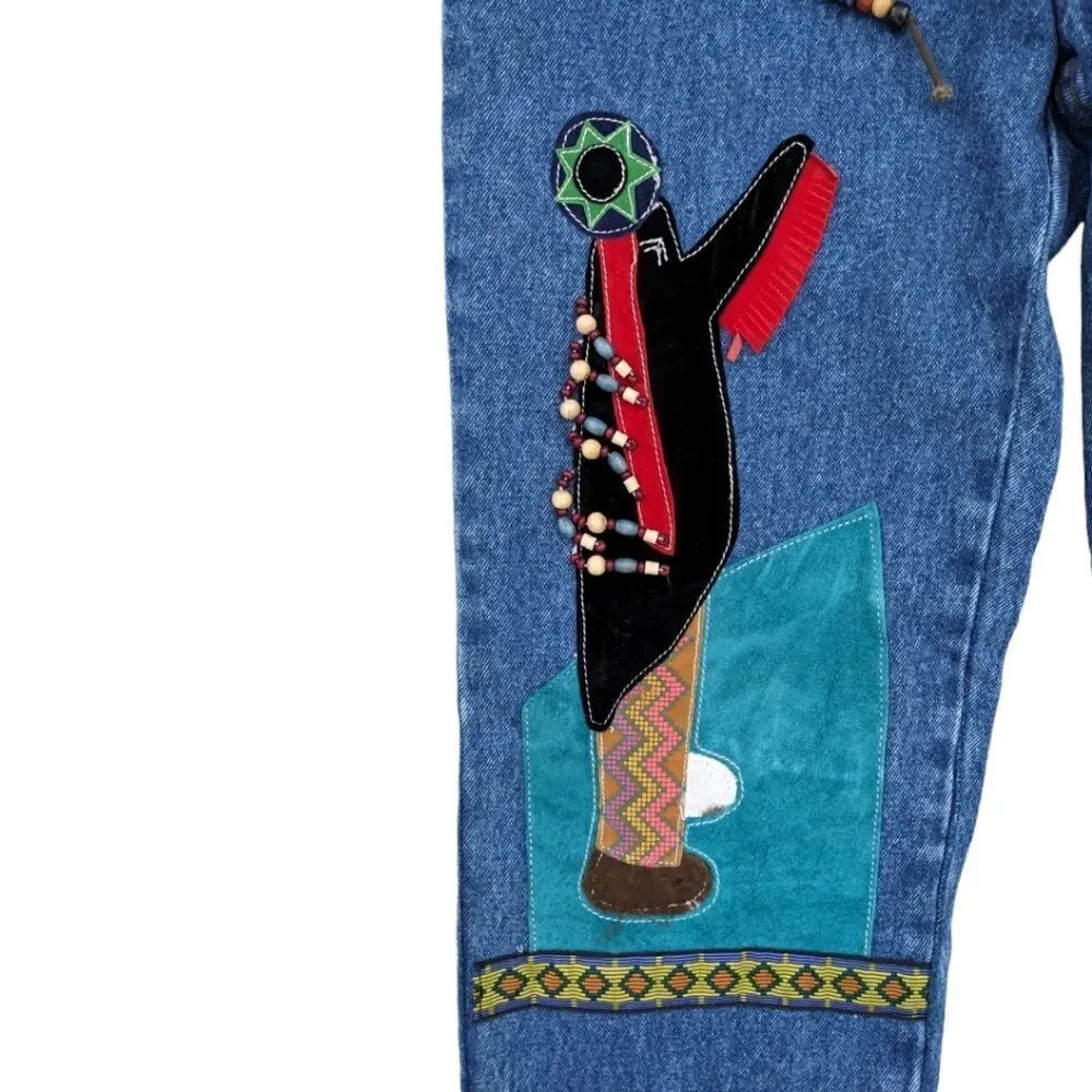 Y2k/90s Vtg Dakota Blue Jeans Boho Native American Patchwork Beaded High Waisted